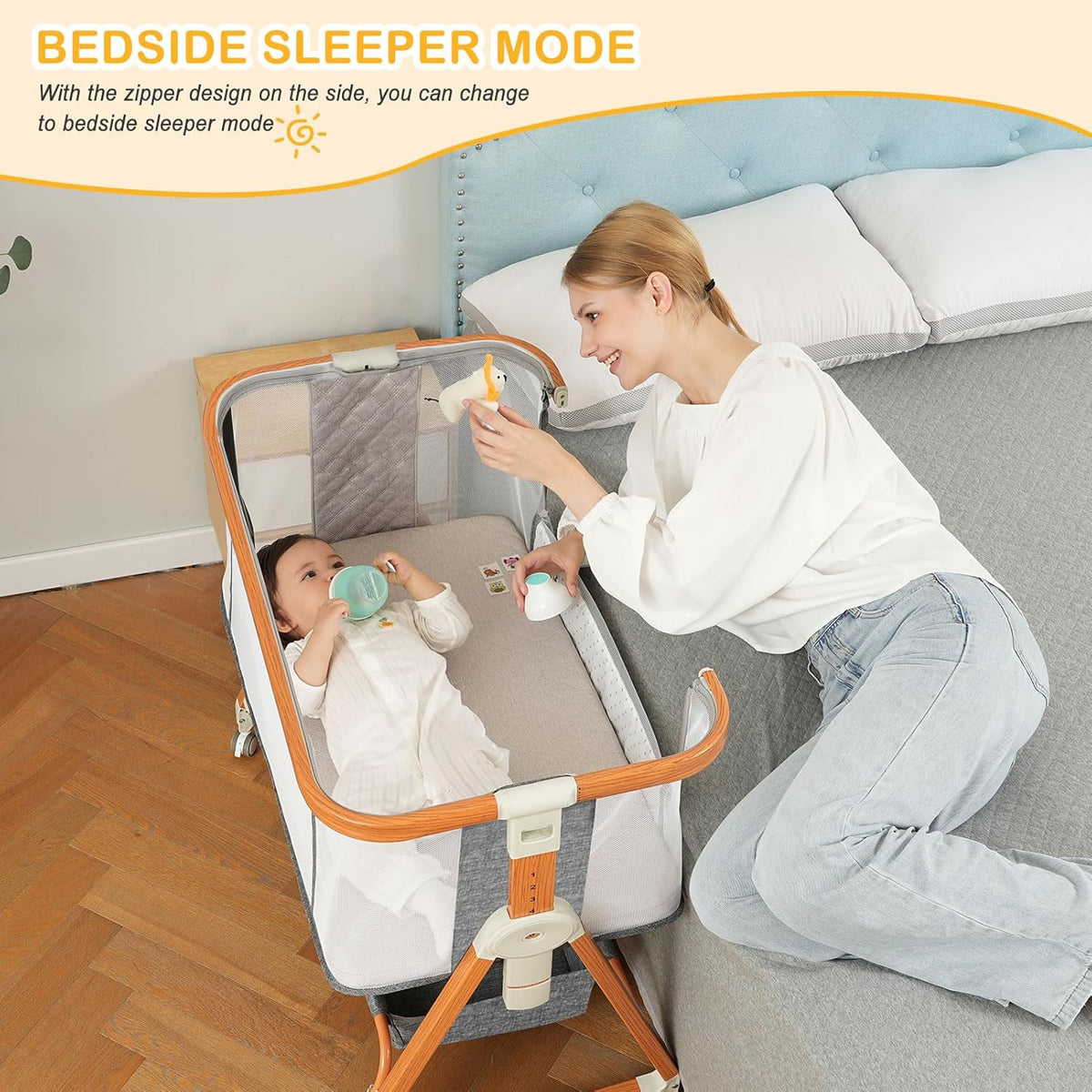 Baby Bassinet, Bassinet Bedside Sleeper Co-Sleeper with Adjustable Height, 4-Sided Mesh Baby Crib with Wheels and Storage Basket for Newborn 0-6 Months (Grey)