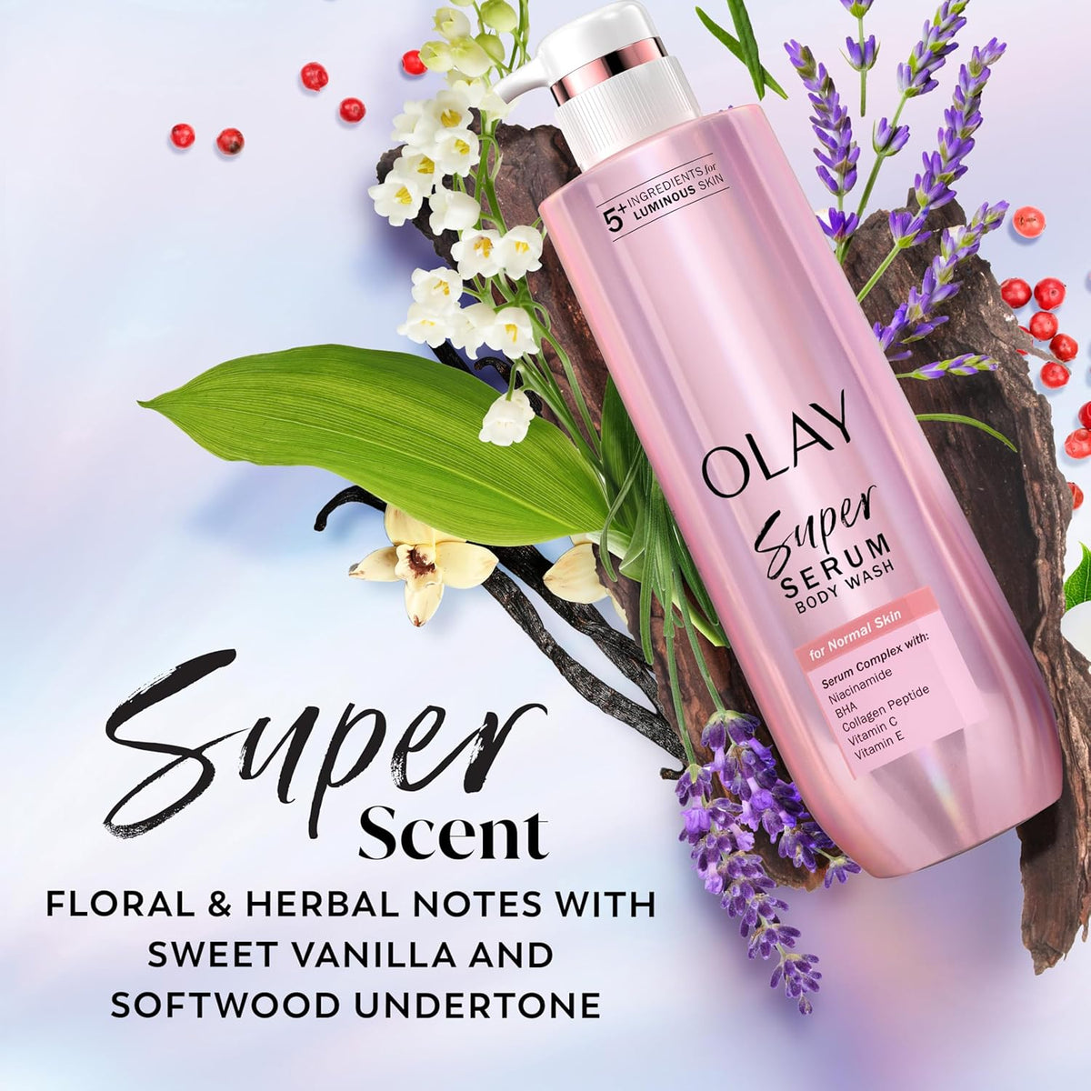 Olay Super Serum Body Wash for Normal Skin, 24hr Long Lasting Hydration, 5+ Ingredient Serum Complex for Bright Even Firm Luminous Skin, 18.5 fl oz