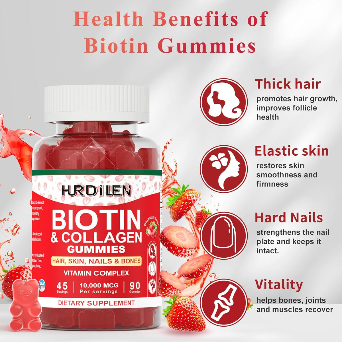 Hair Skin and Nails Gummies, 10000mcg Biotin Collagen Gummies for Women & Men, 90 Gummies