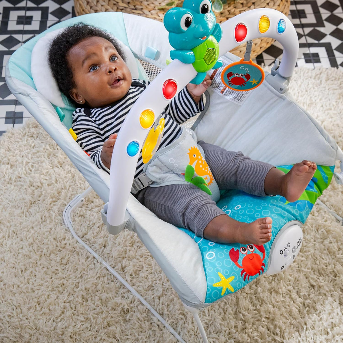 Baby Einstein Ocean Explorers Musical Bouncer Infant Seat, Kick to It Neptune, Unisex, for Ages 0-6 Months up to 20 lbs