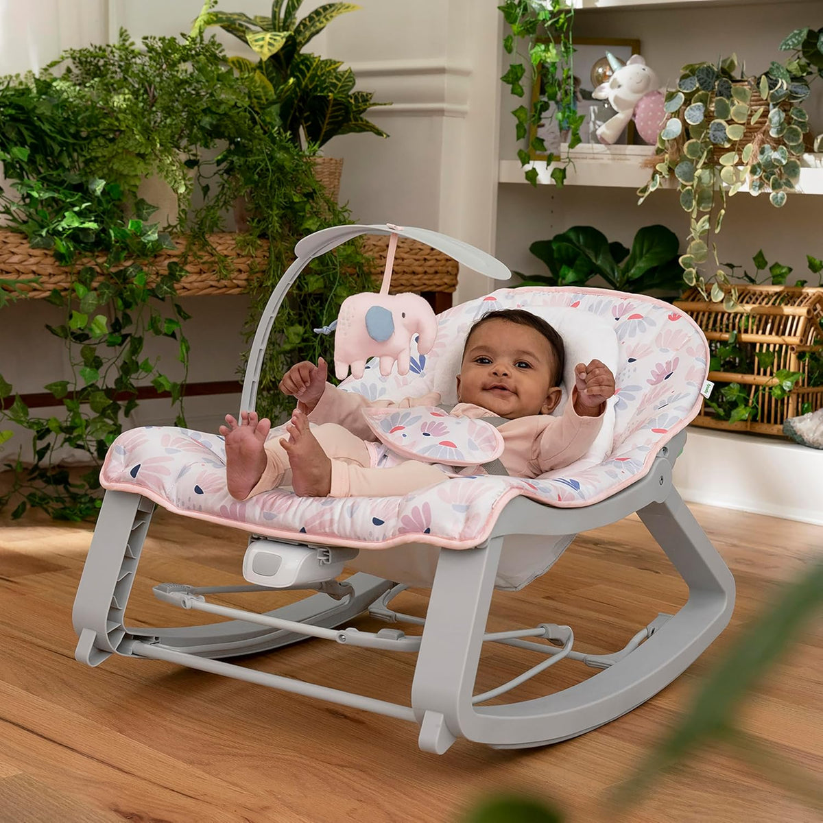 Ingenuity Keep Cozy 3-in-1 Grow with Me Vibrating Baby Bouncer Seat & Infant to Toddler Rocker, Vibrations & Toy Bar, 0-30 Months Up to 40 lbs (Pink Burst)