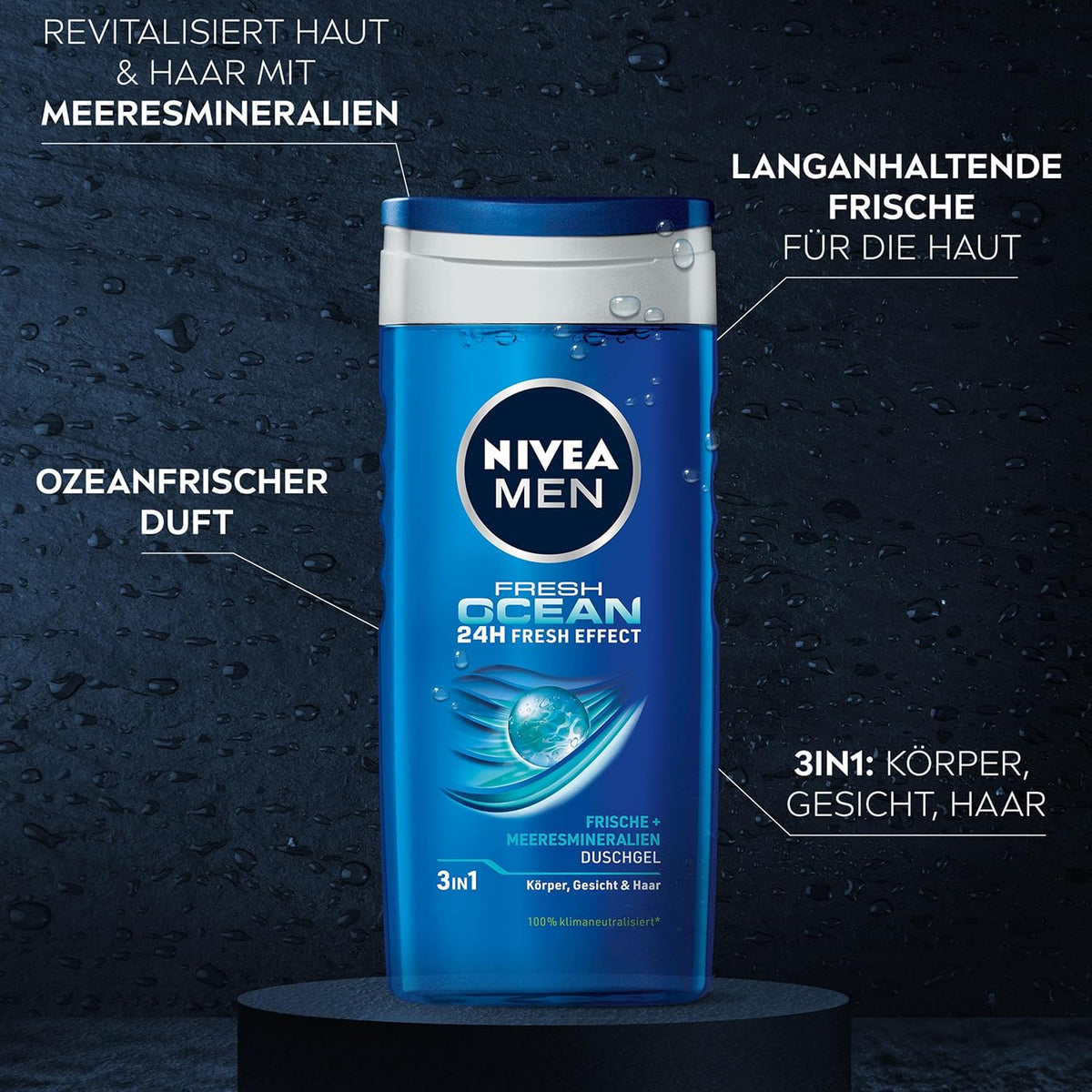 NIVEA MEN Fresh Ocean Shower Gel (250 ml), Revitalising Shower Gel with Ocean Fresh Fragrance, Men's Shower Gel with Sea Minerals for Body, Face and Hair