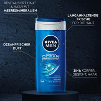 NIVEA MEN Fresh Ocean Shower Gel (250 ml), Revitalising Shower Gel with Ocean Fresh Fragrance, Men's Shower Gel with Sea Minerals for Body, Face and Hair