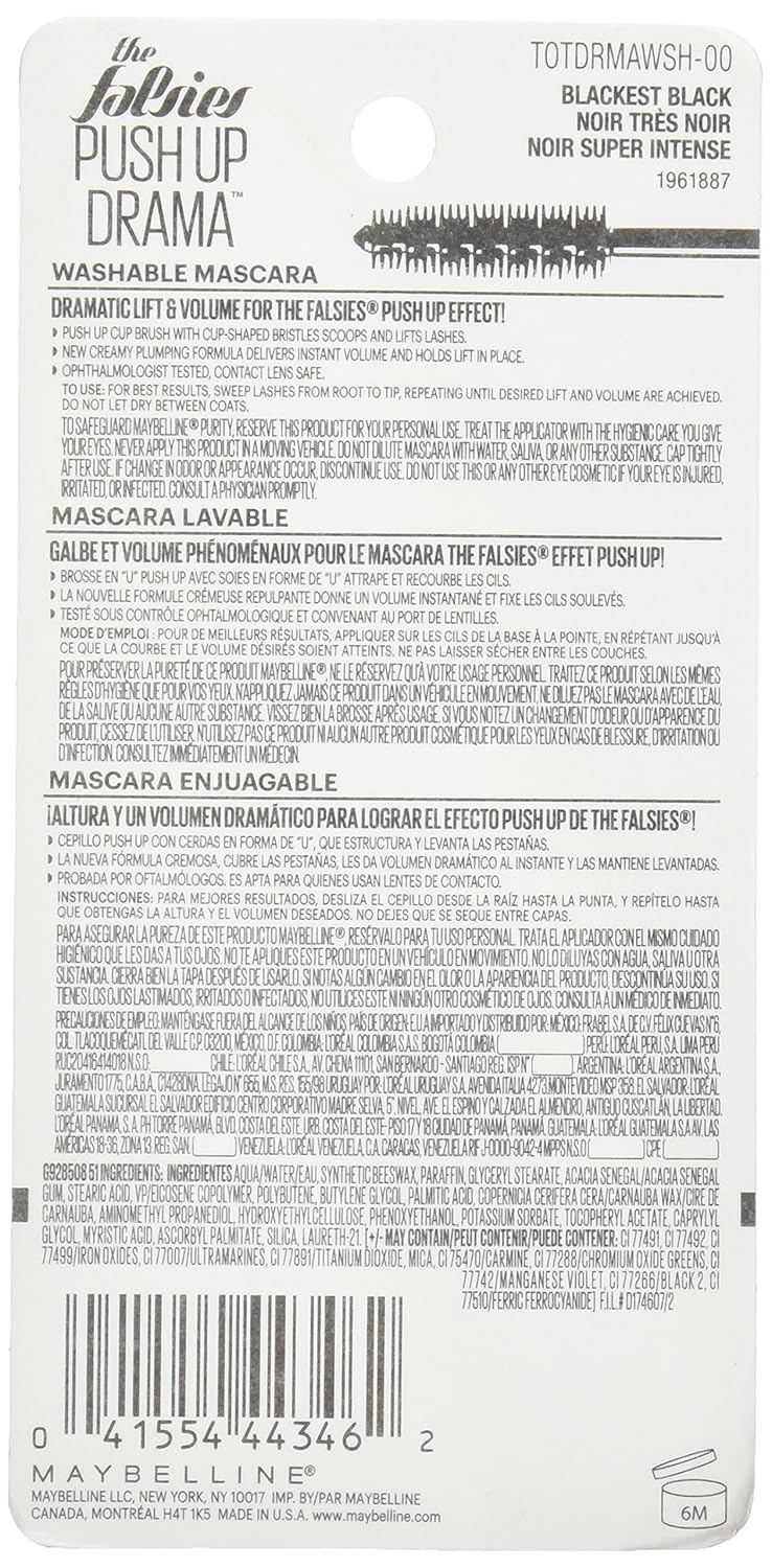 Maybelline The Falsies Push Up Drama Washable Mascara, Blackest Black, 0.33 fl. oz.