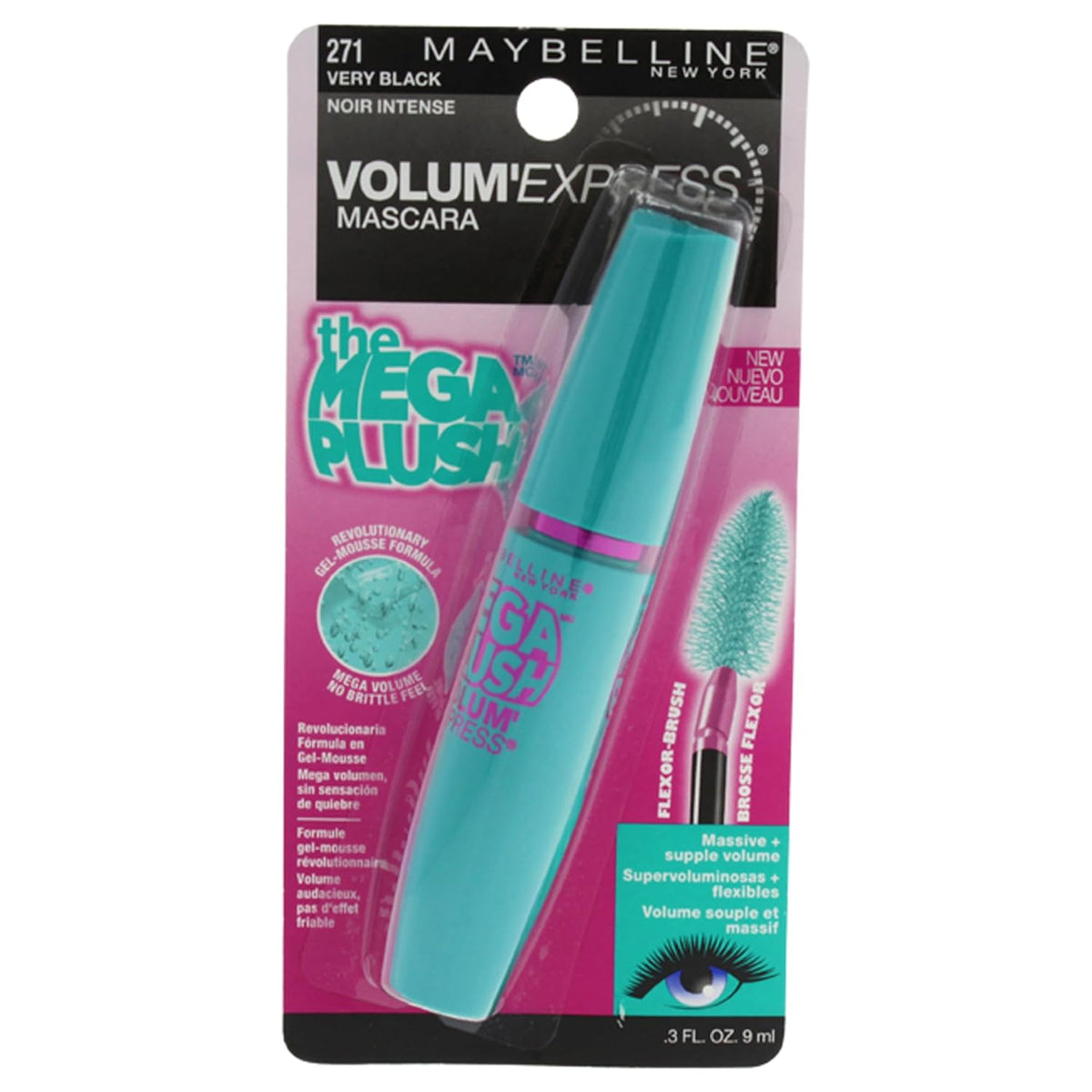 Maybelline New York Volume Express Mega Plush Washable Mascara, Very Black, 0.3 Fluid Ounce
