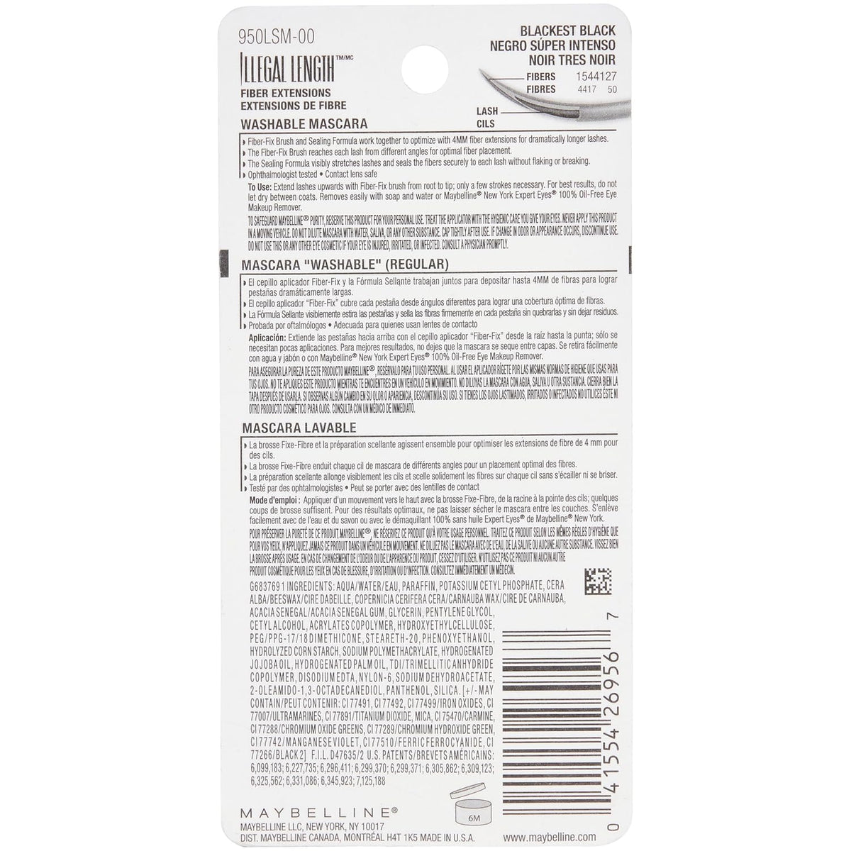 Maybelline Illegal Length Fiber Extensions Washable Mascara, Instant Lashes, No Flaking, Blackest Black, 1 Count