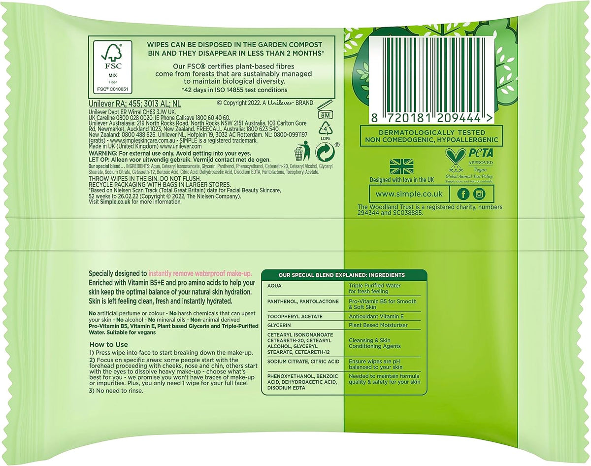 Simple, Kind to Skin, Biodegradable Cleansing Wipes with Vitamin B5, Vitamin E and Pro Amino Acids, 25 Pack