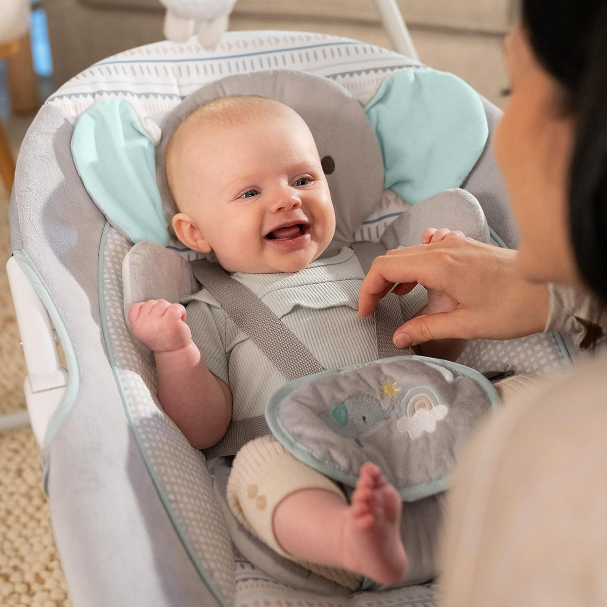 Ingenuity InLighten 5-Speed Baby Swing - Swivel Infant Seat, 5 Point Safety Harness, Nature Sounds, Lights - Van Elephant