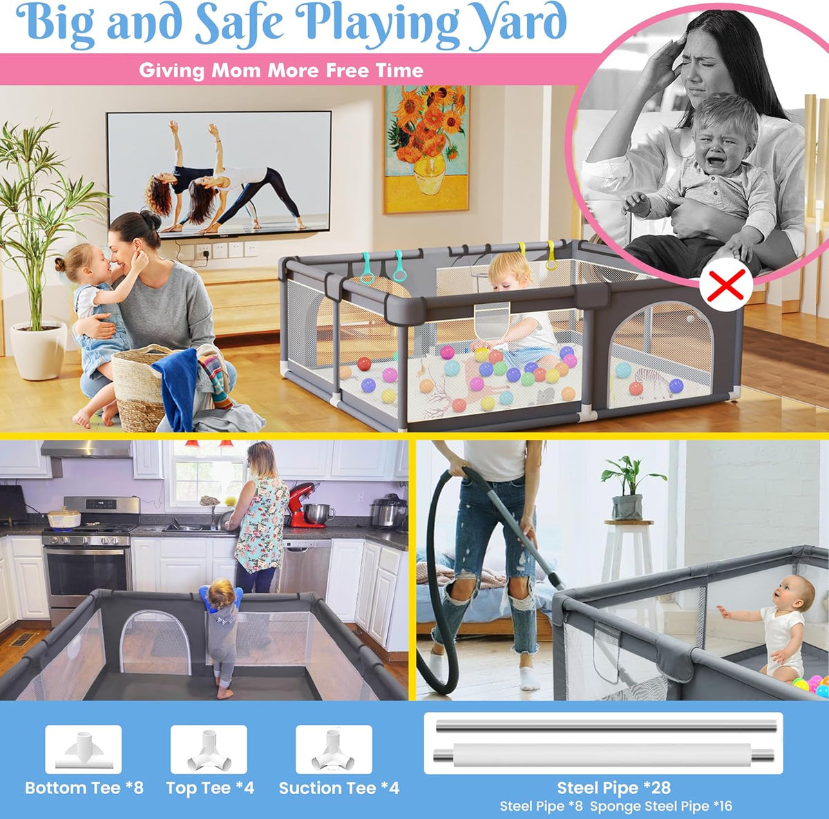 Large Baby Playpen with Foam Playpen Mat 127×127×68 CM-  4 Hand Grips, 40 Balls, Storage Bag and Basket - Grey