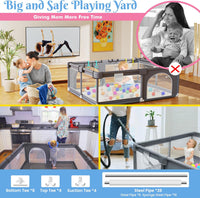 Large Baby Playpen with Foam Playpen Mat 127×127×68 CM-  4 Hand Grips, 40 Balls, Storage Bag and Basket - Grey