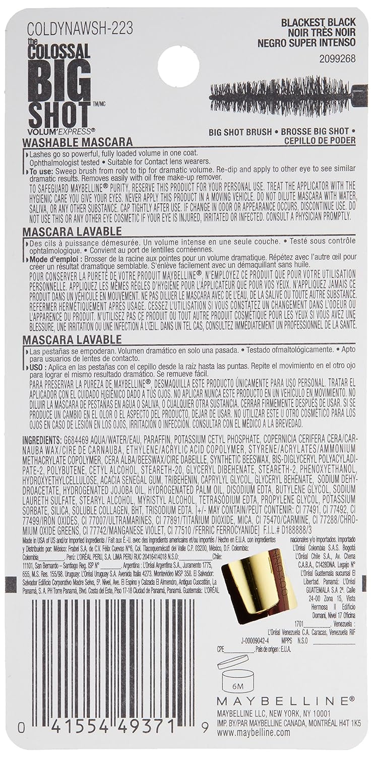 Maybelline New York Volum' Express The Colossal Big Shot Washable Mascara, Blackest Black, 0.33 fl. oz.