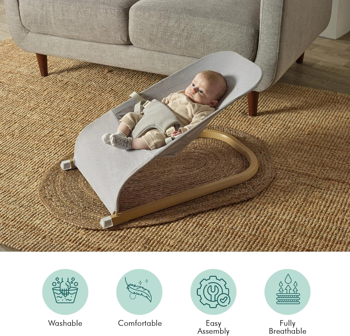 Kinder Valley Unisex Baby Bouncer - Adjustable Baby Bouncer from Birth, Soft Mesh Seat Baby Chair, Non-Slip Feet, Lightweight & Compact, Secure Harness, Easy to Clean | Grey