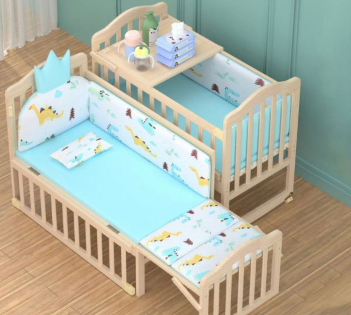 Solid Wood Contemporary Nursery Bed Washed Natural with Guardrail - Crib & 5-Piece Set 96 × 56 X76cm