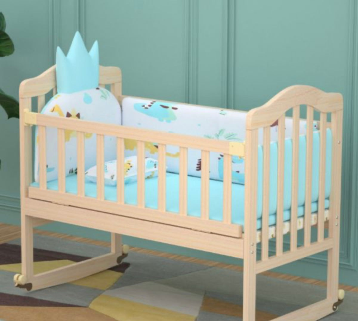 Solid Wood Contemporary Nursery Bed Washed Natural with Guardrail - Crib & 5-Piece Set 96 × 56 X76cm