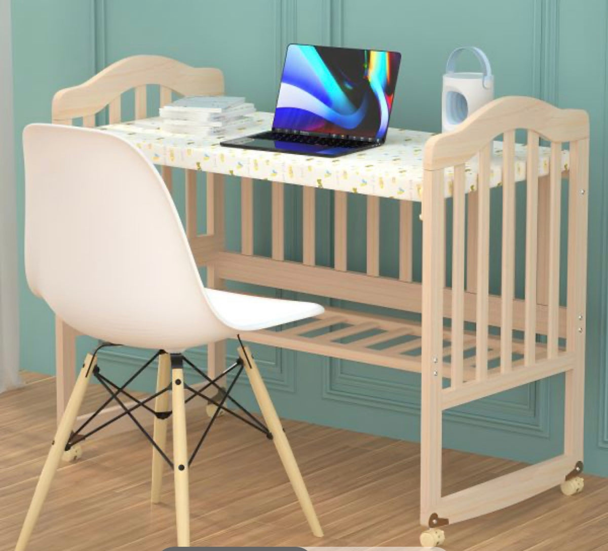 Solid Wood Contemporary Nursery Bed Washed Natural with Guardrail - Crib & 5-Piece Set 96 × 56 X76cm