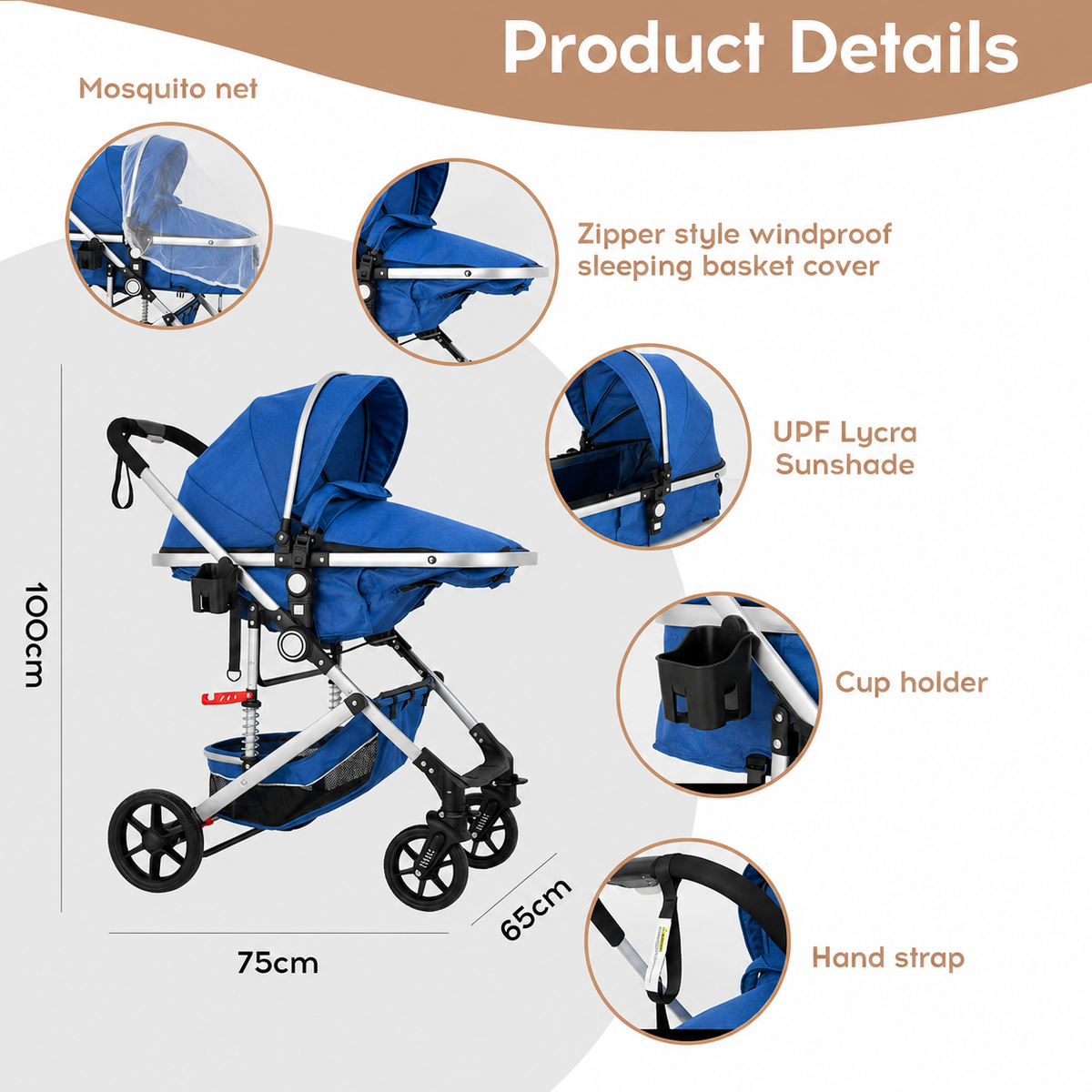 3-in-1 Baby Pram & Stroller, Baby Stroller with Reversible Bassinet, Mother Choice Travel Pram with Spring Shock Absorption, 5-Point Safety Harness, One-Hand Fold, Suitable for Newborn to Toddler