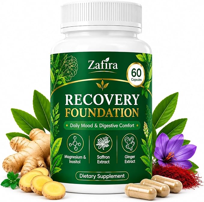 Zafira Organics Recovery Foundation Capsules | Mood & Mental Focus Support | Daily Wellness & Digestive Comfort | Saffron Extract, Myo-Inositol, Magnesium & Ginger Extract | Non-GMO | 60 Capsules