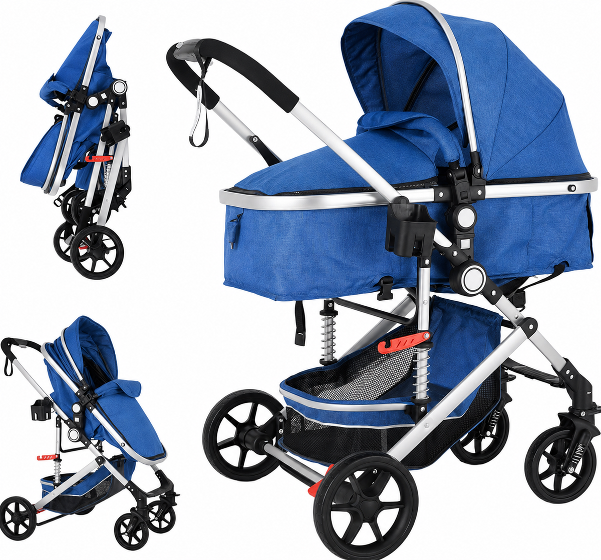 3-in-1 Baby Pram & Stroller, Baby Stroller with Reversible Bassinet, Mother Choice Travel Pram with Spring Shock Absorption, 5-Point Safety Harness, One-Hand Fold, Suitable for Newborn to Toddler