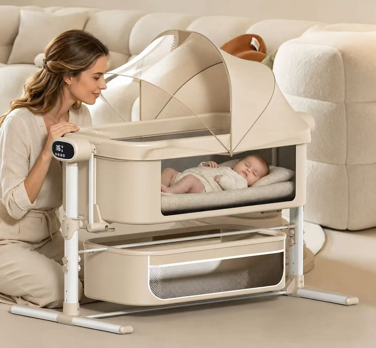 BabyGlide Electric Baby Bassinet with 5 Swing Speeds and Mosquito Net,Beige
