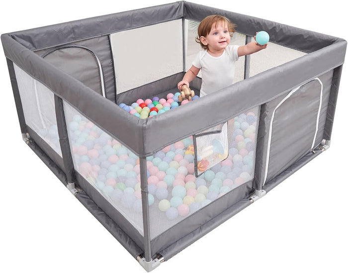 PandaEar Grey Baby Playpen, Large Playpen for Toddlers(127×127 cm)