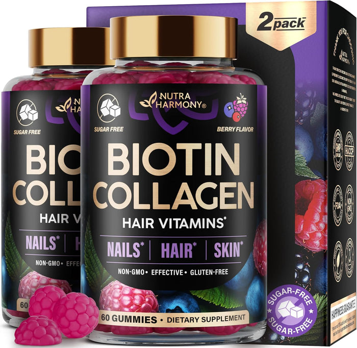 Biotin Gummies with Collagen - Hair Growth Support Skin, & Nail Strength - for Women & Men, Pack of 2-USA MADE