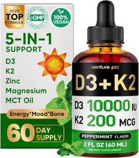 Venture Pal 5-in-1 Vitamin D3 10000 IU & K2 as MK-7 200mcg with Magnesium, MCT Oil, Zinc, Sugar-Free Vitamin D Liquid |Maximum Absorption for Bone, Mood & Immune Health - 2 FL OZ, 60 Days