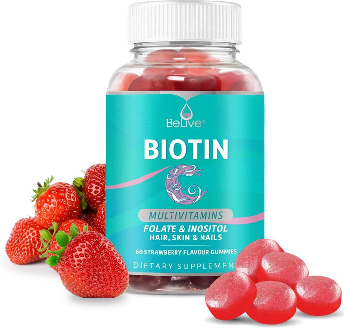 BeLive Biotin Gummies with MultiVitamins, Folate, Inositol – Supports Hair Growth, Healthy Skin & Nails – Vegan, Pectin Based – Strawberry Flavor-USA Made