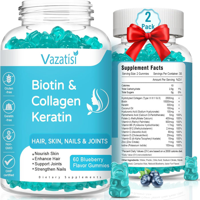 2 Pack Biotin Gummies with Collagen & Keratin for Hair Skin Nails- Women Men, Kids - 120 gums