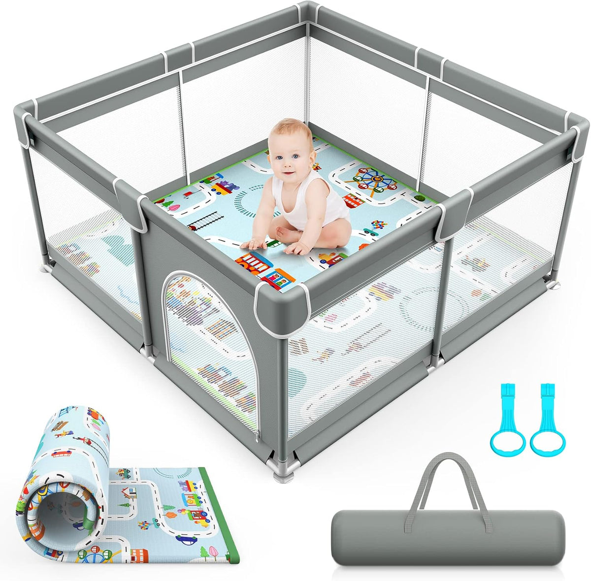 Baby Playpen with Mat 127cm x 127cm Playpen for Babies and Toddlers, Playard for Kids Safety Play