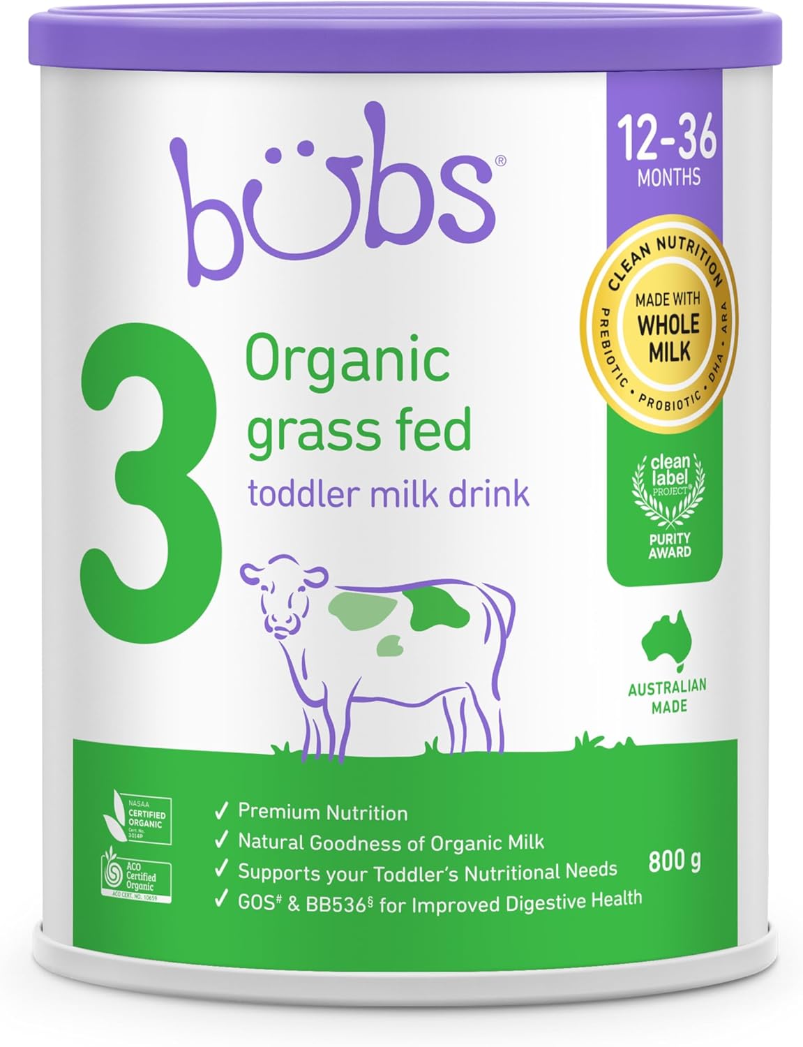 Bubs Organic Grass Fed Toddler Milk Stage 3, Toddlers 12-36 Months,800g