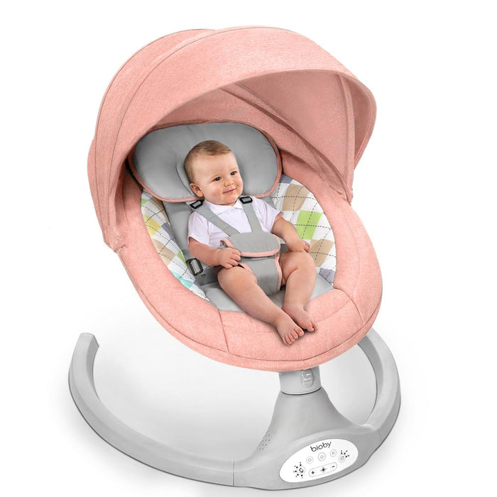 Bioby Baby Swing for Infants with 5 Natural Sway Speeds, Portable Music for 5-20 Lb,0-12 Months Pink