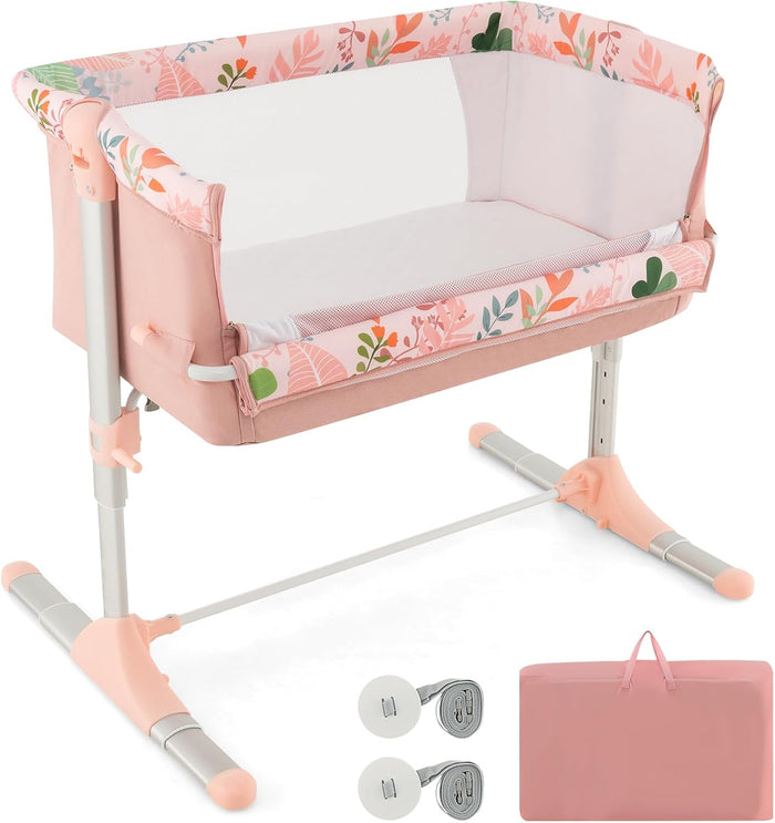 BABY JOY Folding Baby Bassinet Bedside Sleeper, Portable Co-Sleeper Travel Cot for Newborn/Infant w/4 Adjustable Heights