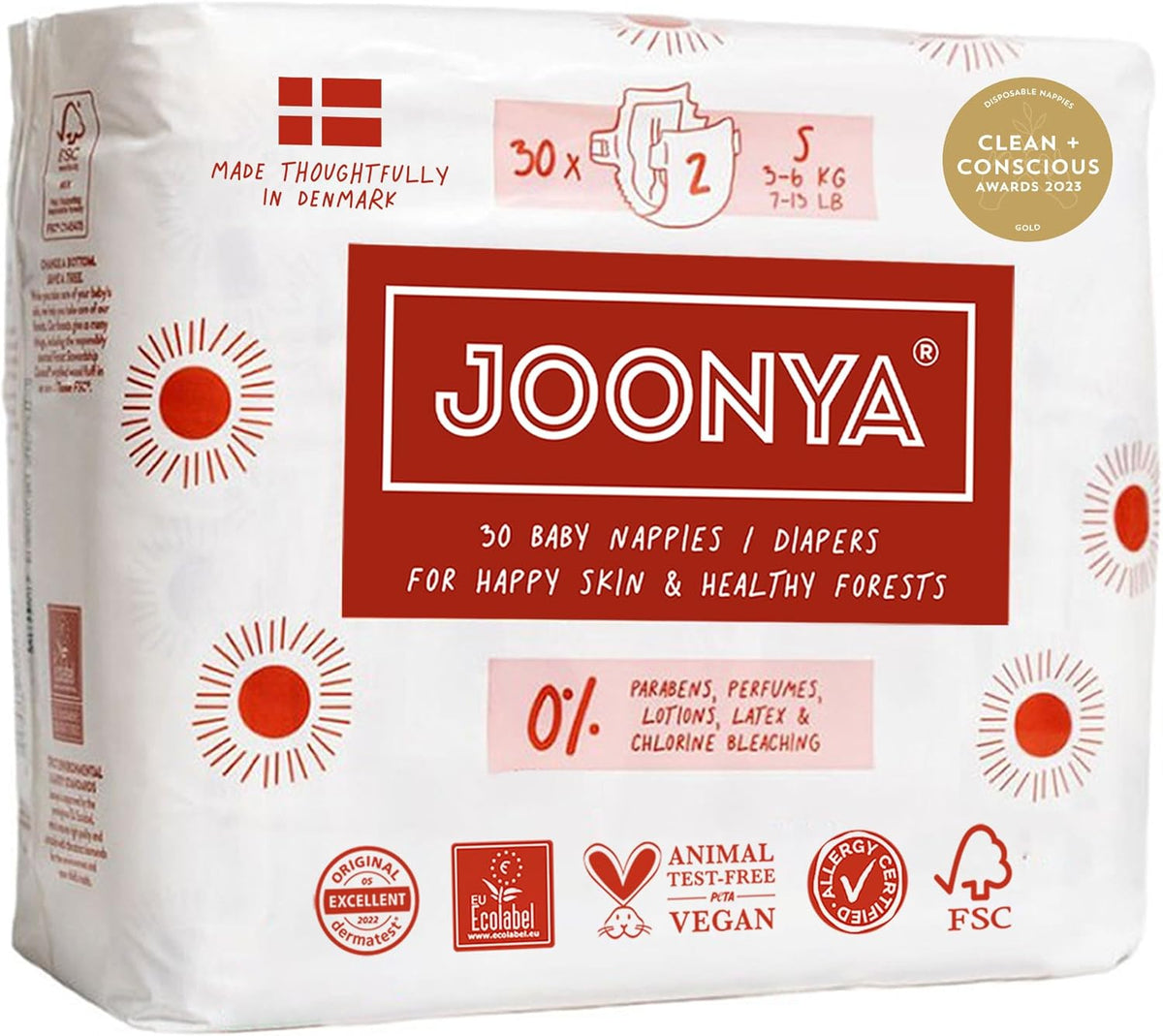 Joonya Baby Nappies, Size 2 S (3-6 kg) - 1 Bag of 30 - Non Toxic, Eco-Friendly, High Absorbency, Overnight Use, Ultra Slim & Soft - Made in Denmark