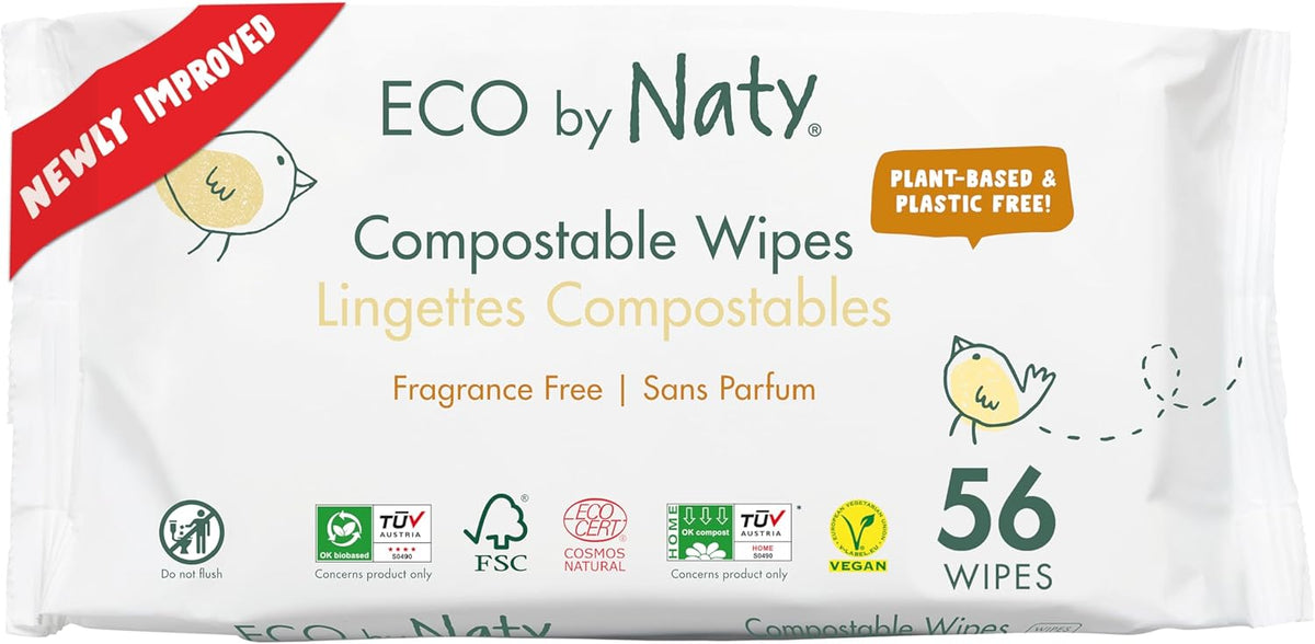 Eco by Naty Unscented Baby Wipes - 100% Compostable and Plant-Based Wipes, Good for Babies and Newborn Sensitive Skin (336 Count - Pack of 56 x 6)