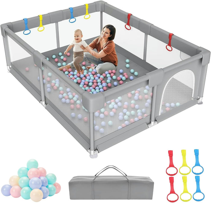 Large Baby Play Pen 200x180cm - Premium Oxford Fabric Playpen with 50 Pit Balls, 6 Pull-up Ring(6M-3Y)