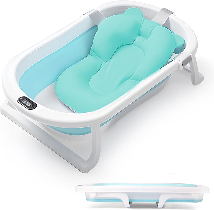 Baby Bath Tub, Baby Bathtub with Water Temperature Sensor for Newborn, Timkos Collapsible Bath for Travel, Baby Bath Seat with Support Pad and Thermometer (Blue)