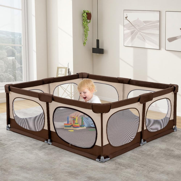 Baby Playpen, 150x180CM Play Pen for Babies & Toddlers, Brown