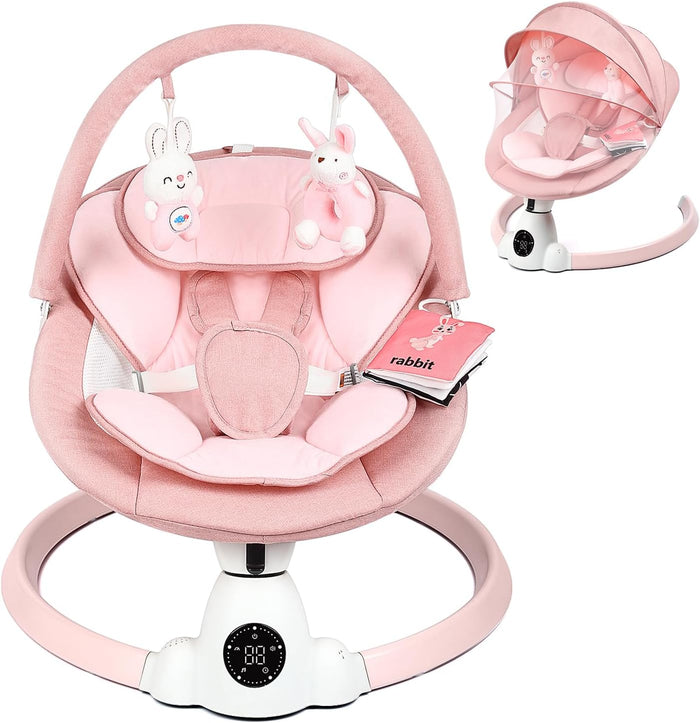 Baby Bouncer, Portable Electric Baby Swing with Bluetooth, 5 Swing Speed, 10 Lullabies, 5-Point Harness, Remote Control & Touch Panel - Bouncer from Birth for Indoor & Outdoor Use(Pink)