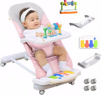 Baby Bouncer 4-in-1 with Wheels, Detachable Piano, Feeding Tray, Play Bar, Pink