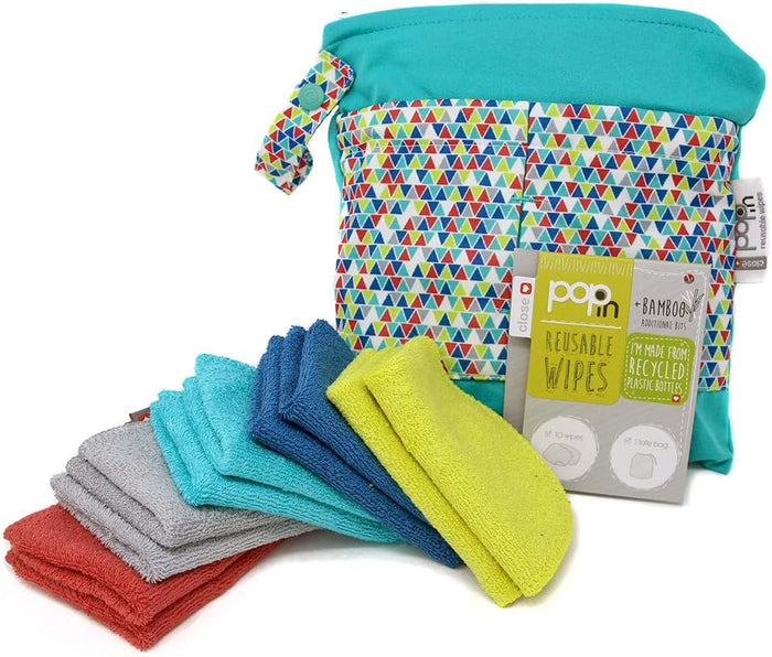 Close Popin Reusable Bamboo Wipes 10 x Washable Baby Wipes 20x15cm Colours Extra Soft Reusable for Baby's Hands Face, Bright
