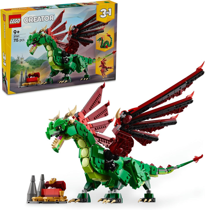 LEGO Creator 3in1 Medieval Dragon Toy for 9+ Year Old Boys & Girls, Construction Kit Rebuilds into a Sea Serpent or a Phoenix Animal Figure, Creative Kids Toy Building Set 31161
