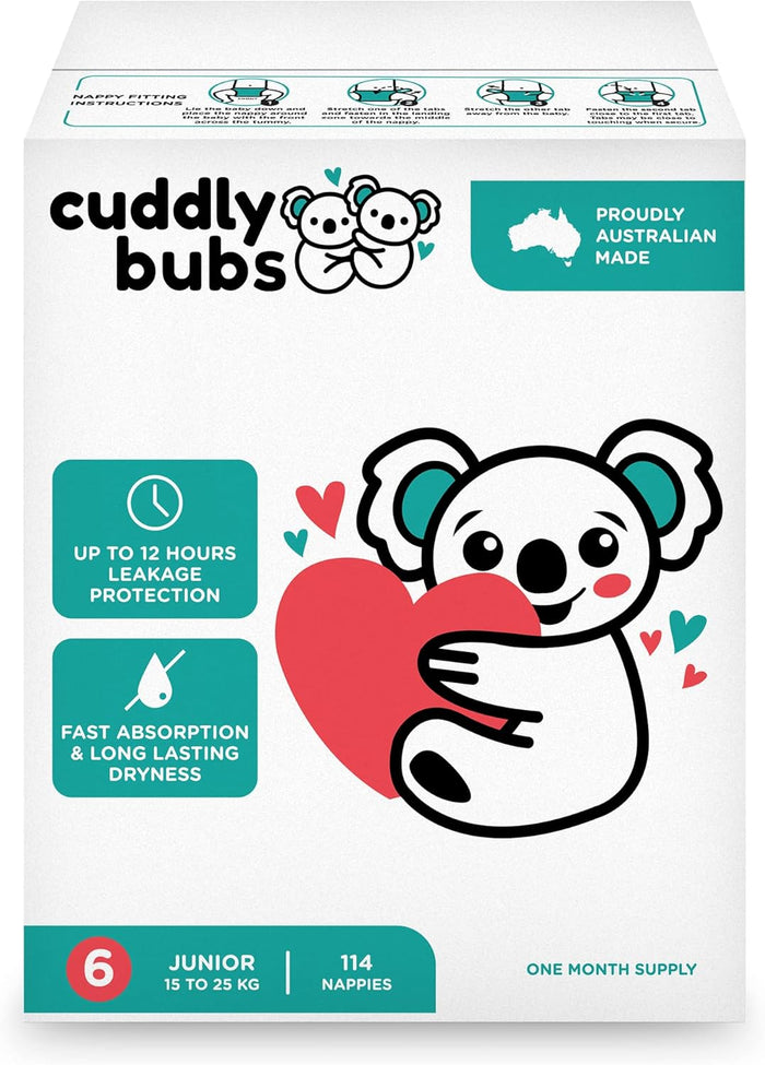 Cuddly Bubs, Size 6 Junior nappies (up to 15-25kg), 114 nappies, One Month Supply