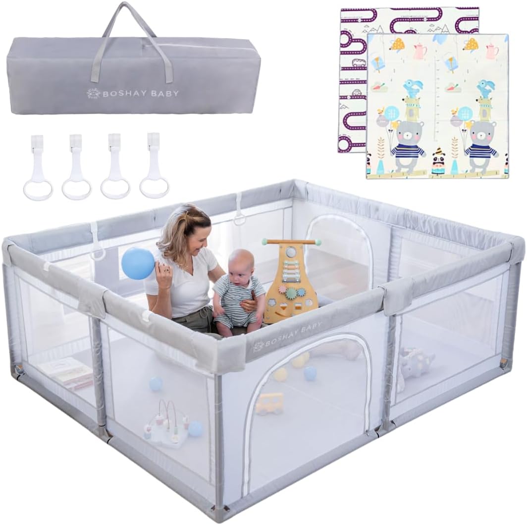 BABY Large Grey Playpen with Mat (Roads/Bears), 1.8m x 1.5m Large Playpen in Grey