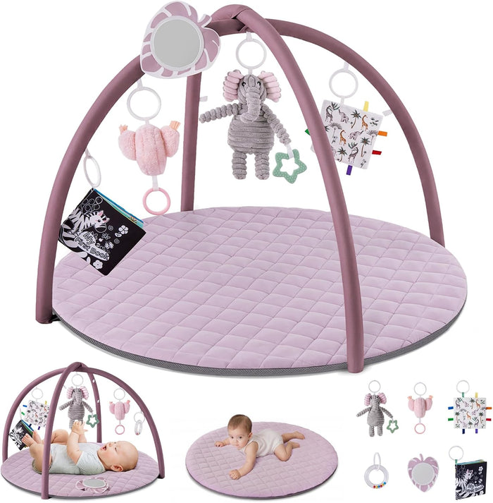Blissful Diary Baby Play Gym Mat, Tummy Time Activity Mat with 6 Detachable Toys, Lavender Pink