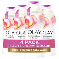Olay Body Wash for Women, Fresh Radiance, Refreshing & Renewing, Made with Plant Based Cleansers, B3 Botanical Complex, For All Skin Types, Peach & Cherry Blossom Scent, 22 fl oz (Pack of 4)