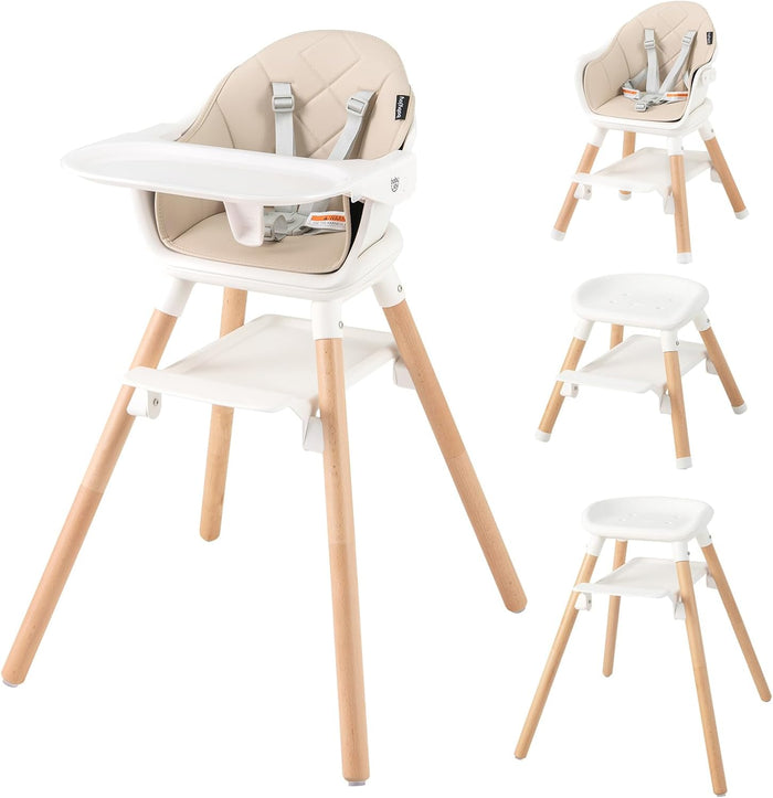 BABY JOY 6-in-1 Convertible Wooden High Chair, Baby High Chair with Double Dishwasher, Beige