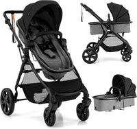 High Landscape Baby Stroller, 2 in 1 Convertible Baby Pram Jogger with Adjustable Canopy (Black)