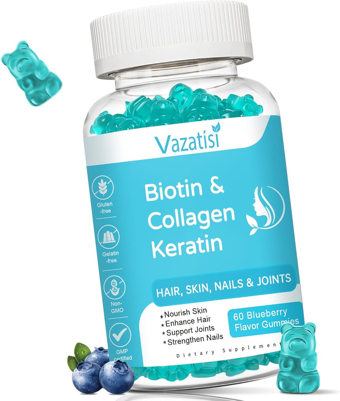 Biotin Gummies with Collagen & Keratin for Hair Skin Nails- Supports Hair Growth and Stronger Nails, Women Men, Kids - 60 tabs