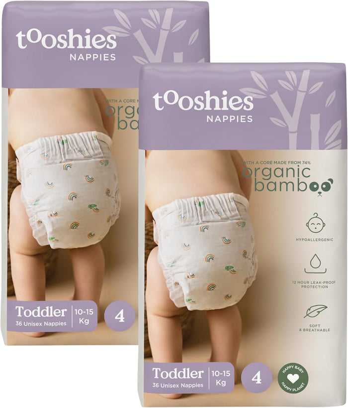 Tooshies Nappies | Size 4 Toddler 10-15kg | Made with Organic Bamboo | 12 hrs leak free | Unisex | Rainbow Print | 2x36pk