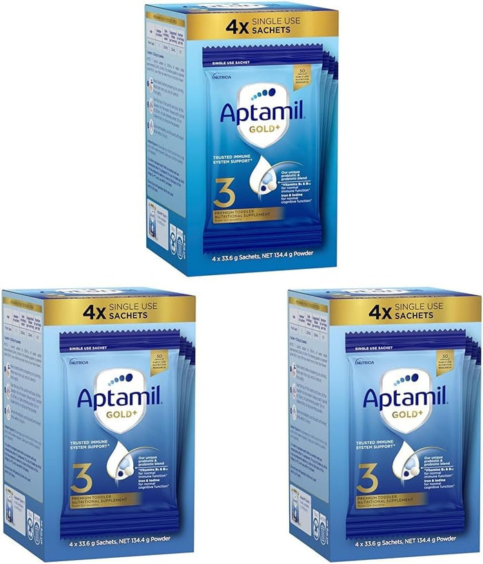 Aptamil Gold+ 3 Premium Toddler Milk Drink, Rich in Essentials Vitamins and Minerals, Toddler Formula with Probiotic & Prebiotic, Easy to Prepare, From 1 Year, Powder Sachets, Easy to Carry On The Go, Pack of 15